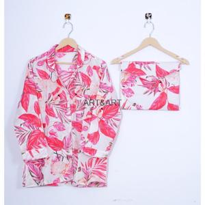 Hermoso traje de noche de algodón 100% con flores rosas para mujer, conjunto de Pijama largo con cuello en V, conjunto de ropa de dormir informal transpirable suave de talla grande - Product Image 3