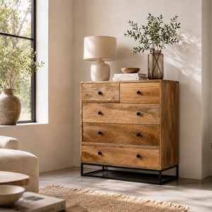 Buffet traditionnel élégant en bois de manguier massif Bella Akku Art CB-114, style shaker, pour salon ou chambre, personnalisable, avec rangement, finition antique - Product Image 1