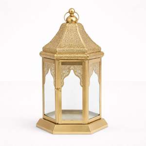 Premium Gold Metal Lantern with Glass Panels <b>Moroccan</b> Cut Design Elegant Candle Holder for Luxury Festive Home <b>Decor</b> - Product Image 2