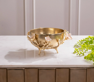 Bol décoratif de luxe en or, écologique, taille personnalisable, avec motif floral, centre de table en métal pour la maison, les restaurants et les hôtels - Product Image 1