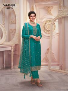 Ropa étnica india Hermoso diseño Georgette con bordado de secuencia Trabajo Kurti Pant y Dupatta Set de India - Product Image 4