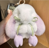 Berbulu gaya Korea bulu kelinci Rex asli liontin gantungan kunci kelinci kecil, mainan boneka Mini, hadiah liontin tas sekolah kelinci mati