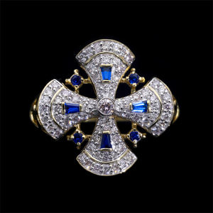 แหวนทองคำขาว14K ประดับเพชรธรรมชาติและไพลินสีฟ้าสไตล์วินเทจดีไซน์แบบคลัสเตอร์และหนามเตย - Product Image 3