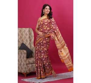 Malmal Sari en coton élégant pour femmes beau style Bollywood imprimé dessiné à la main pour les fêtes vêtements d'été - Product Image 4