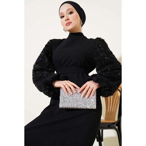 Robe Ceinturée Florale à Manches Tulle Noir - Product Image 4