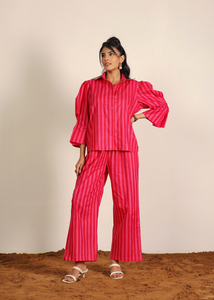 กางเกงผ้าฝ้ายพิมพ์ลายทางสีชมพูและสีแดงชุดนอนของผู้หญิงกางเกงผ้ายืดเต็มตัวลายทางผ้า100% ชุดนอนที่ออกแบบอย่างสวยงาม - Product Image 3