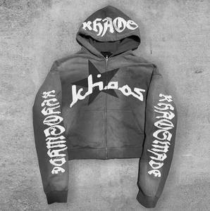 Trajes de sudor de lavado ácido Algodón Grueso Zip up Apliques Bordado Parche Acampanado Chándales completos Sudaderas con capucha y pantalones de chándal Conjuntos para hombres - Product Image 5