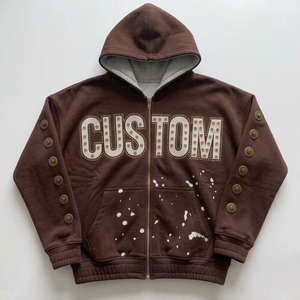 Sudadera con capucha de algodón grueso personalizada al por mayor con cremallera completa, mangas con pedrería y salpicaduras de pintura, estilo oversize, para unisex - Product Image 2