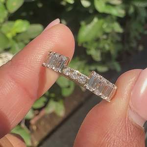 Half Eternity Emerald Cut Channel Set Diamond Stackable Wedding Band VS Clarity EF Color Geometric Pattern Rhodium Plated Gift - Product Image 2