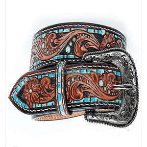 Cinturón de herramientas de cuero occidental decorativo con piedras turquesas en relieve de hoja tallada a mano para hombre con conjunto de hebilla de acabado antiguo clásico - Product Image 6