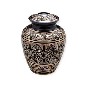 Handcrafted Black And Gold Floral Engraved Metal keepsake Urn With Classic Lid Design For <b>Memorial</b> Display - Product Image 1