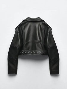 Veste courte en similicuir PU pour femme Glory Custom, printemps-automne, avec ceinture, style motard, fermeture éclair, col à revers, coupe ample, vêtement d'extérieur - Product Image 2