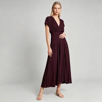 Robe de soirée longue trapèze personnalisée pour femme, imprimé floral ton sur ton prune, col en V, manches courtes, corsage froncé
