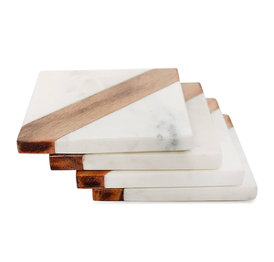 Posavasos de madera y mármol Posavasos de piedra blanca de forma redonda Posavasos de madera de acacia de mármol directo de fábrica Venta caliente - Product Image 5