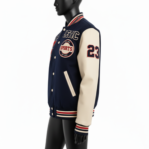 Veste universitaire pour femmes Premium Laine mélangée 350 GSM Marine et Crème Manches contrastées Logo personnalisé Broderie Veste universitaire pour femmes - Product Image 3