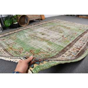 พรมขนสัตว์ตุรกีสีเขียว & สีเบจขนาด6.5x9.4ฟุตแนววินเทจผ้าถักทอแบบเรียบสำหรับตกแต่งห้องนั่งเล่น - Product Image 5