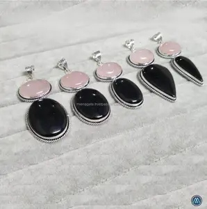 Mới nhất sản phẩm mới tự nhiên đá quý đôi mặt dây chuyền trang sức pha lê Rose Quartz đen Onyx Vintage Mặt dây chuyền trong chất lượng cao