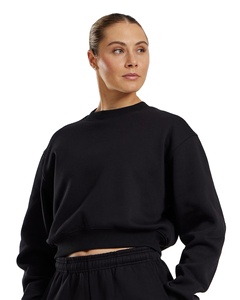 Sudadera con capucha de gimnasio de lana ecológica con logotipo personalizado de invierno para mujer, cuello redondo recortado negro, hombros caídos, puños acanalados, a prueba de viento, cómoda - Product Image 1