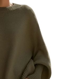 Customized <b>Women</b> Olive Green Oversized Knit Poncho Sweater Loose Fit Batwing Sleeve <b>Warm</b> Winter Ladies Pullover Fashion <b>Top</b> - Product Image 2