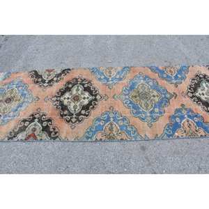 พรมตุรกีสีส้มน้ำเงิน9.4ft วินเทจ3ชิ้นแบบคลาสสิกหญ้าทะเลขนสัตว์สำหรับห้องโถงห้องยางรูปสี่เหลี่ยมผืนผ้า - Product Image 4