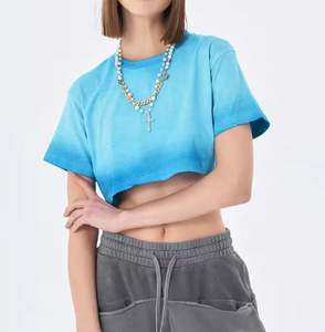 Logo personnalisé dames bleu clair col rond T-shirt surdimensionné lavé poids lourd t-shirts vierges - Product Image 2