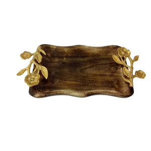 Best Sale Elegance <b>Snacks</b> and Dessert Serving <b>Tray</b> Customized Floral Pattern Plain Wood with Gold Metal Handle for Catering - Product Image 3