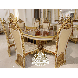 High Quality European Style Dining Room Furniture European Style Hand Carved Dining <b>Table</b> Heavy Carved Golden Dining Furniture - Product Image 1
