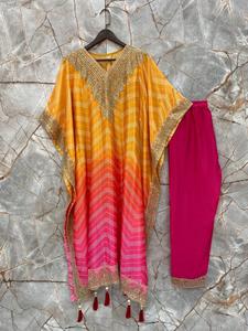 Secuencia de seda Chinon hecha a mano para fiesta y boda bordada e impresión digital con caftán y pantalón de trabajo Latkan pesado - Product Image 3