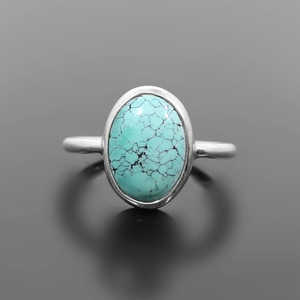 92.5 Sterling Silver Boho-Romantic Tibetan <b>Turquoise</b> <b>Ring</b> Bezel Set 14x10mm Gemstone 3.04g Jewelry - Product Image 5