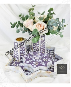 Plateau de service Jali Design en incrustation d'os coloré, élégant artisanat rectangulaire en bois, métal, marbre, acier inoxydable et aluminium - Product Image 2