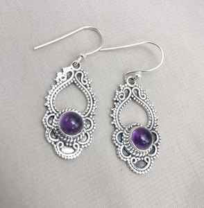 Boucles d'oreilles pendantes en améthyste, argent sterling, style bohème, pierre précieuse - Pierre de naissance de février, boucles d'oreilles délicates pour femmes - Product Image 1