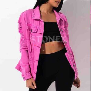 แจ็กเก็ตยาวยีนส์ขาดสำหรับเด็กผู้หญิงแจ็กเก็ตยีนส์สีพื้นสำหรับผู้หญิงดีไซน์ล่าสุด - Product Image 1