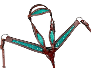 EquiElite Exports Conjunto de Arreos Western de Cuero Turquesa con Salpicaduras Metálicas, Tallas Full/Cob, Cabezada y Pechopetral para Caballo - Product Image 4