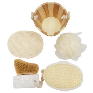 Nouveau Ramie écologique personnalisé ensemble de bain de boue de nettoyage en sisal comprenant un baril en bois bande de jute éponge de jute