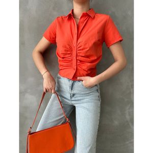 Blusa de Algodón con Pliegues Delanteros para Mujer Topshow, Color Naranja, Blusa Informal de Manga Larga para Uso Diario - Product Image 2