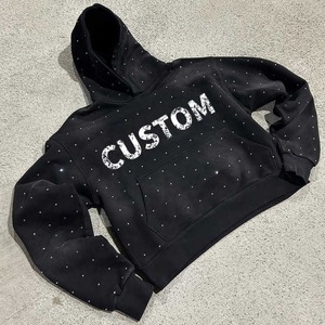 Haute qualité vêtements pour hommes Streetwear Hip Hop lavage à l'acide strass à capuche personnalisé soleil délavé surdimensionné pull noir hommes sweats à capuche - Product Image 1