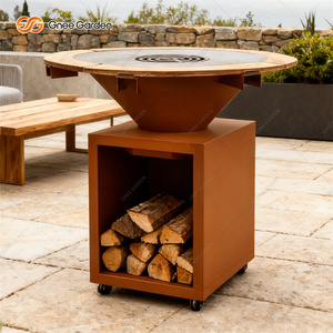 Barbecue commercial haut de gamme moderne en acier Corten avec foyer et roues, îlot de cuisine extérieur, grilles Teppanyaki - Product Image 2