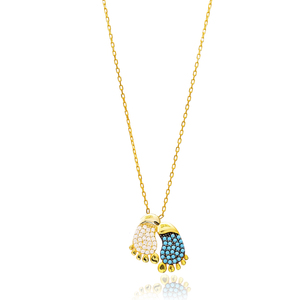 Pendentif en argent sterling 925 fait main en Turquie, motif pieds de bébé, pierre de zircon turquoise transparente, vente en gros - Product Image 1