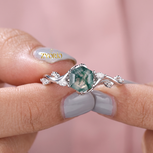 Anillo de Compromiso de Oro de 14K con Ágata Musgosa Hexagonal, Anillo Nupcial Inspirado en la Naturaleza con Diseño de Hojas y Enredaderas - Product Image 3