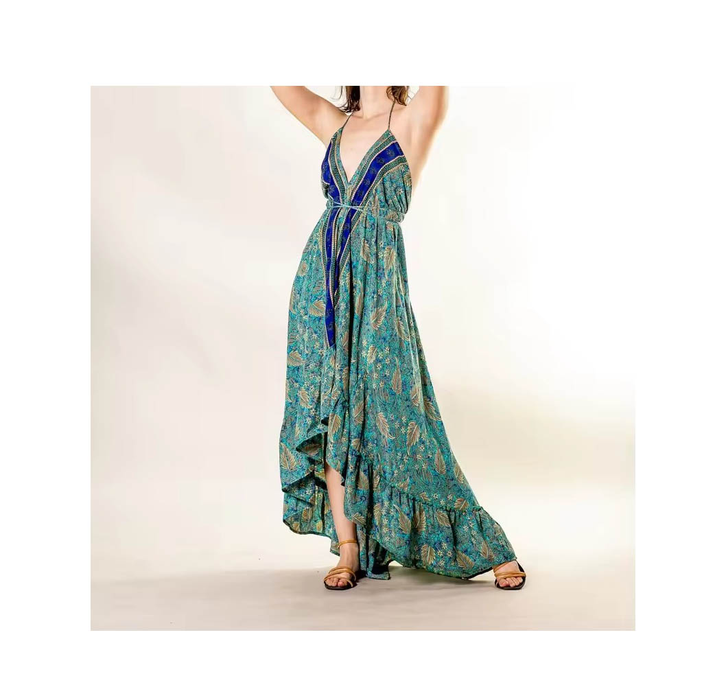 princess polly baby blue dress Women's Boho Deep V Neck Backless Flowy Floral Maxi Beach Dress main image 0