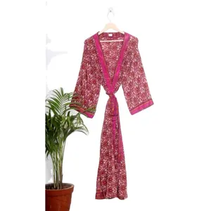 インドの着物リサイクルシルクサリドレッシングガウン、ヴィンテージシルク美しい着物、ビーチウェアドレス女性パジャママキシバスローブ