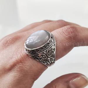 Anillo de Plata de Ley 925 para Hombre con Piedra Lunar Gris Natural, Gema del Mes de Junio, Todas las Tallas, Regalo de Navidad, Joyería - Product Image 1