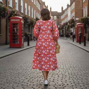 Vestido Midi de Algodón Floral Naranja, Estilo Bohemio de Verano, Vestido Cómodo para Mujer, Ropa Casual de Algodón - Product Image 5