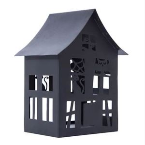 decorative Halloween metal lantern haunted house <b>tealight</b> <b>holder</b> shape spooky house with cut out designs like cats bats windows - Product Image 1