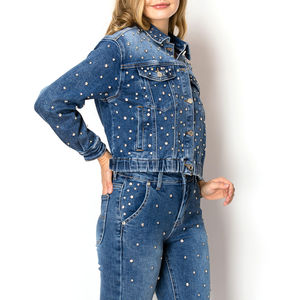 Lupin felt Medium Blue Cropped Denim Jacket for Women Rhinestone Embellished Wool Lined Long Short Jacket in Low Price OEM - Product Image 5