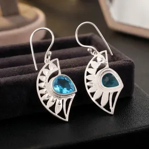 Niharika Gems Women's 925 Silver Bohemia Drop <b>Earrings</b> Geometric Pattern Swiss <b>Blue</b> <b>Topaz</b> Bezel Setting Everyday Wear - Product Image 6