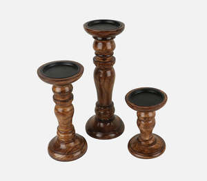 Set Of Three Rustic Wooden <b>Pillar</b> <b>Candle</b> Stands Varying Heights Dark Finish Classic Turned Design Decorative Table Centerpiece - Product Image 3