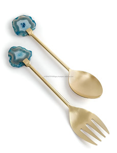 Luxury Golden Stainless Steel and Agate Salad Server Set for Home Kitchen Hotels Restaurants Weddings - Product Image 6