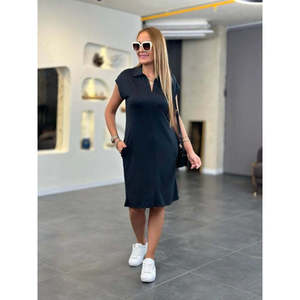 Women's Short-Sleeved Collared <b>Viscose</b> Two-Thread <b>Dress</b>, 36886 - Black - Product Image 2