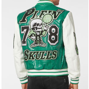 2025 chaqueta de bombardero de béisbol de cuero con logotipo bordado personalizado para hombre, chaqueta universitaria transpirable de lana y algodón con cuello levantado y cierre de cremallera - Product Image 3